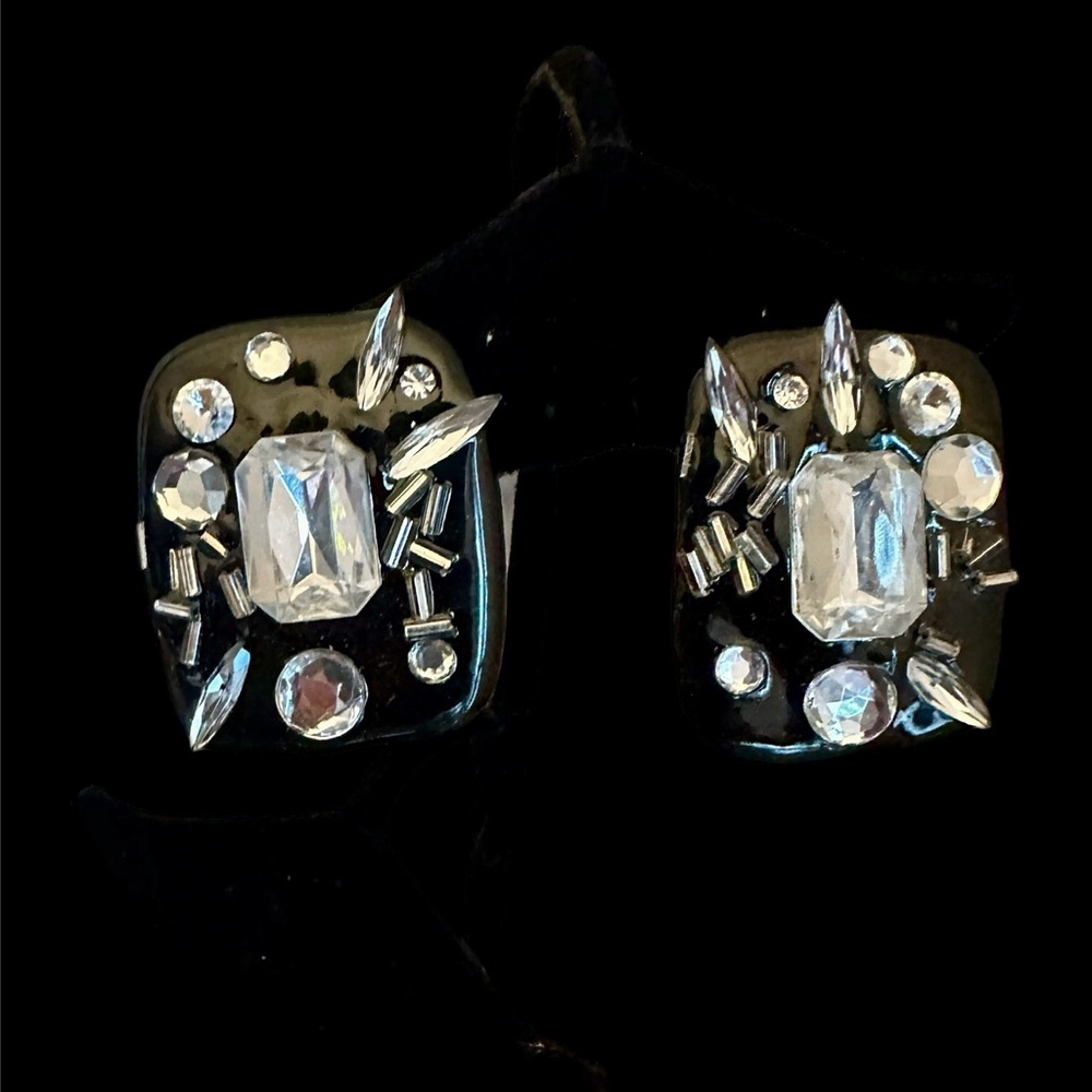 VTG NOS Black w Semi Precious Stones Statement Earrings lightweight comfortable